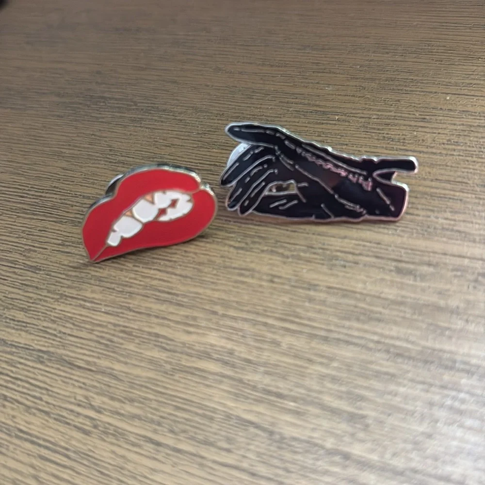 Enamel Pin set: black leather glove & red lipstick biting lips